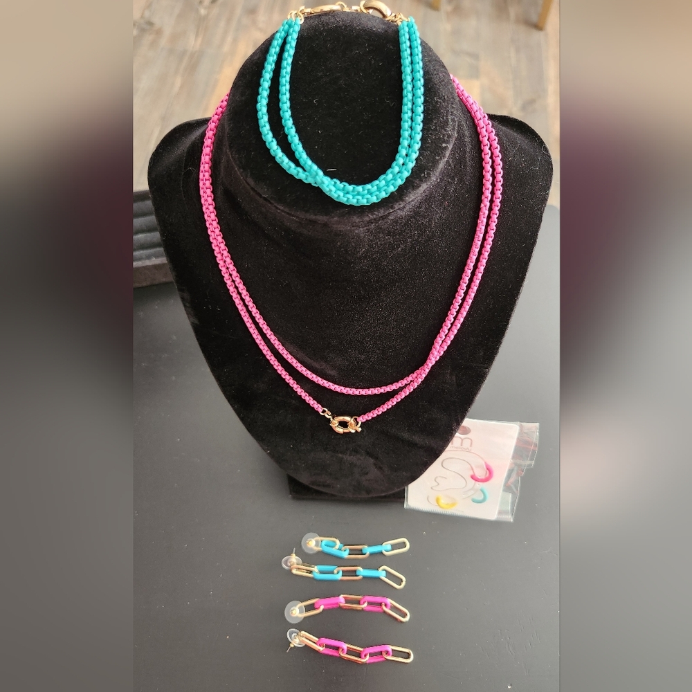 Pink and Blue Enamel Necklace Set